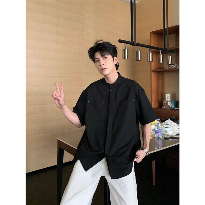 新中式黑色立领铆钉短袖衬衫男款图片