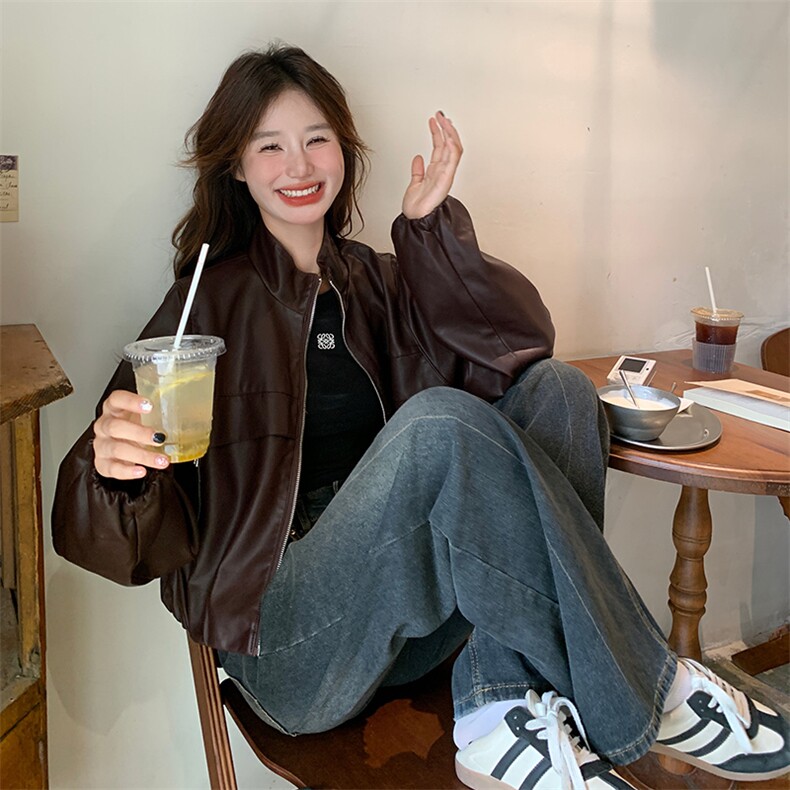 红皮衣外套女秋秋2025新款美式复古又a又飒机车服pu皮夹克,女装皮衣,纯色衣恋