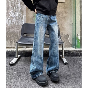 美式闪电裂纹牛仔裤水洗做旧高街潮阔腿直筒裤高街时尚AM800 P44图片