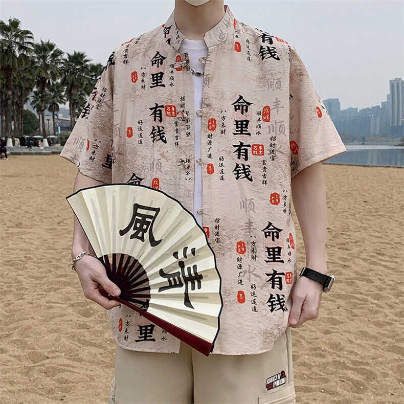 新中式唐装花衬衫男夏季潮流风盘扣短袖衬衣7004P40图片