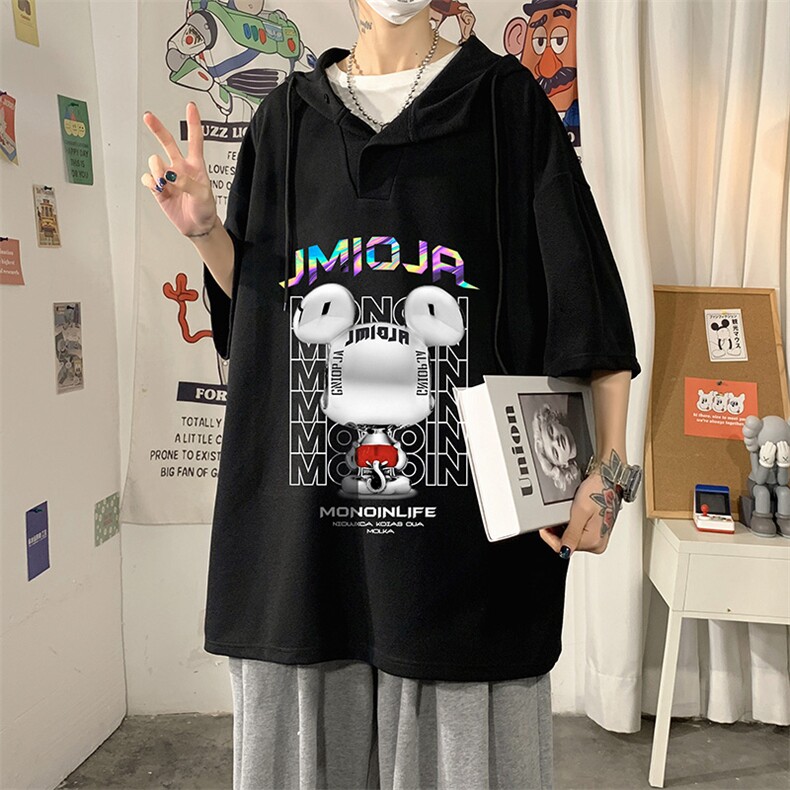 LD54214-P45连帽短袖t恤男大码胖子带帽五分袖中袖,男装T恤,电商A040