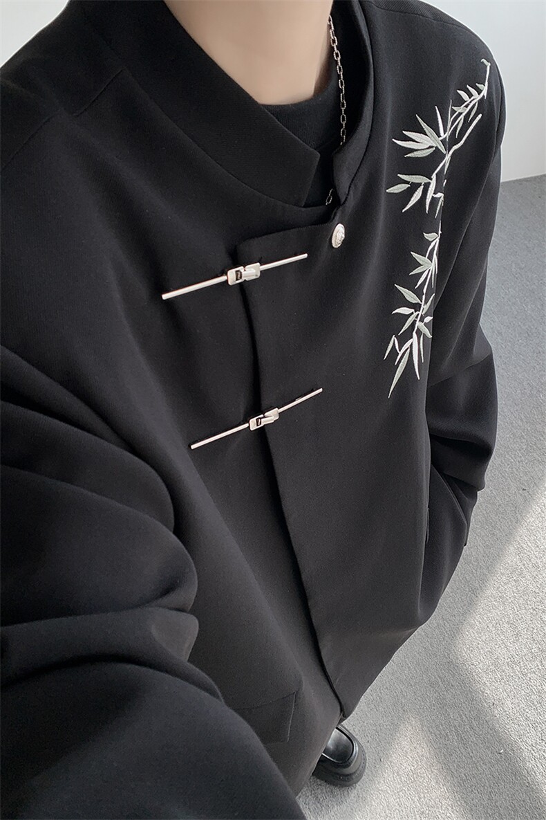 新中式刺绣西服外套大码风立领金属扣垫肩夹克中山装LX001特P85,男装夹克,电商B215