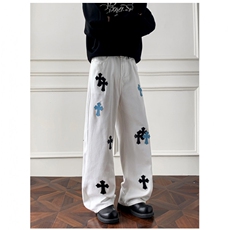 2025潮牌CH重工拼皮梵文刺绣十字架高街牛仔裤长裤修身裤男女同款，男装皮裤，四季星座505