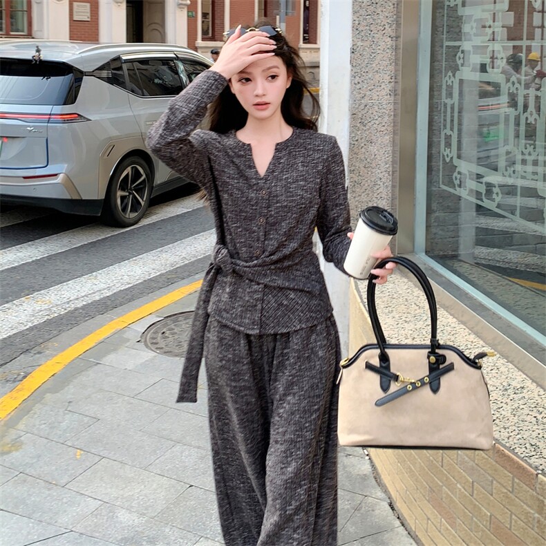 设计感系带显瘦针织上衣阔腿裤套装女2025秋韩系复古松弛感两件套,女装套装/套裙,2C353