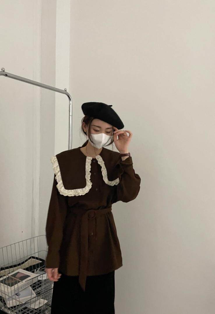 秋冬新品娃娃领大版系腰带衬衣，其它，新袖