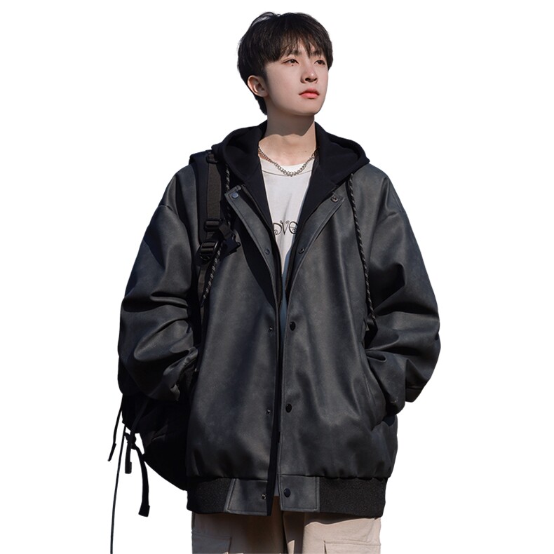 JK0023-P952025春季新款复古PU皮夹克假两件连帽外套,男装夹克,星座109
