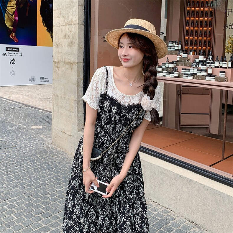 法式复古假两件碎花连衣裙女2025夏季新款韩版收腰显瘦气质长裙子,女装连衣裙,2C087