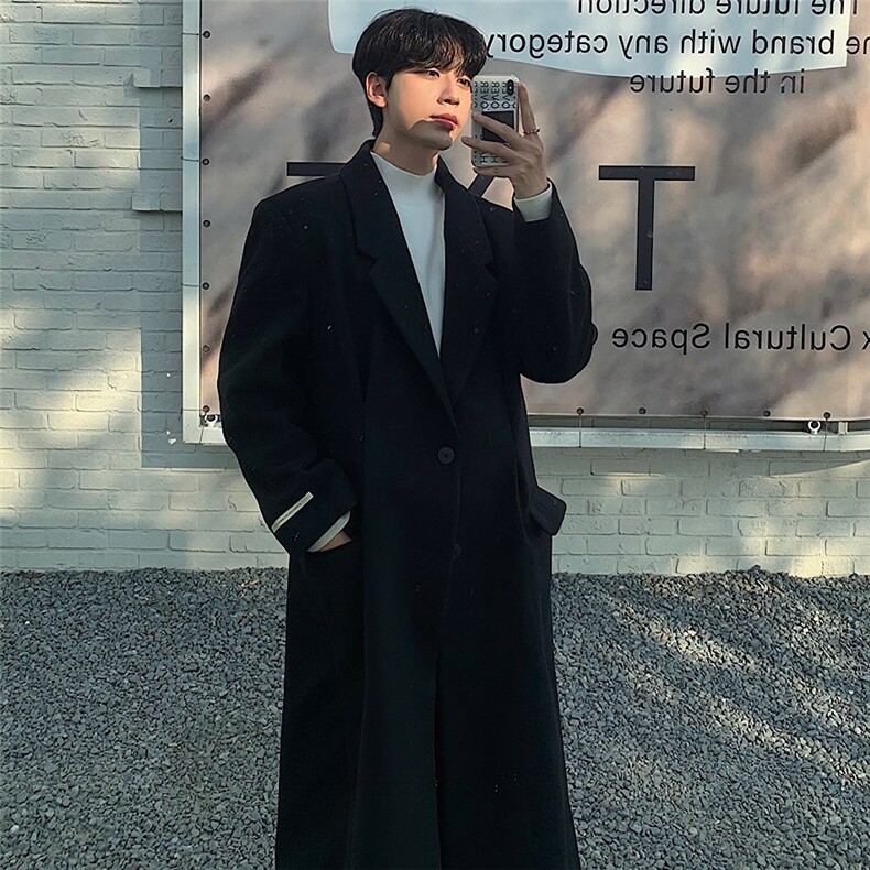 秋冬韩版美拉德毛呢大衣男高级感中长款垫肩风衣过膝宽松呢子外套，男装风衣，星座710