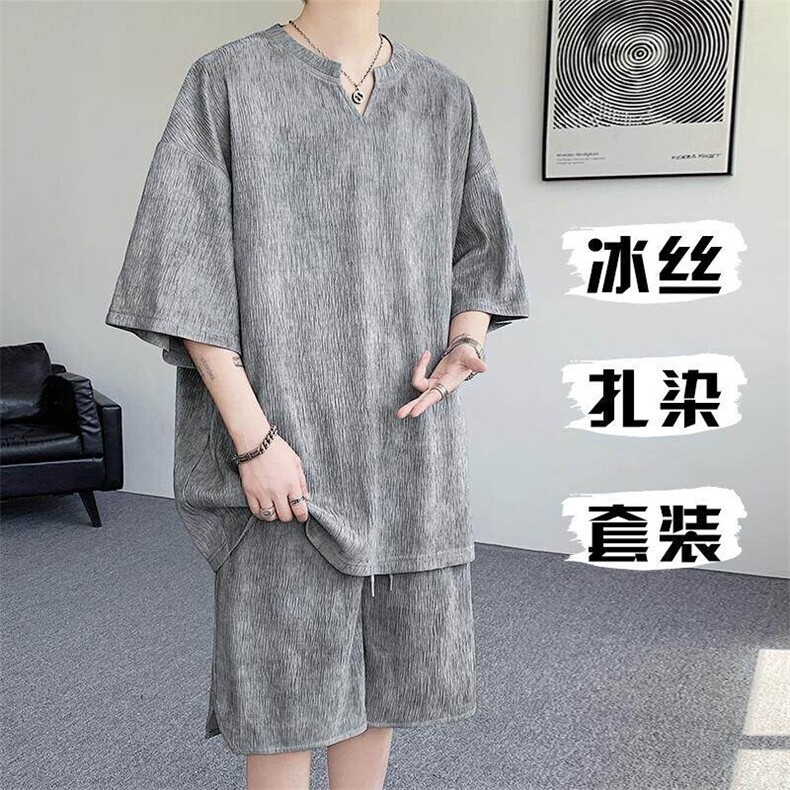 特批P48无差价纹理感扎染男宽松复古短袖短裤两件套T5398+DK5998,男装休闲套装,电商A001