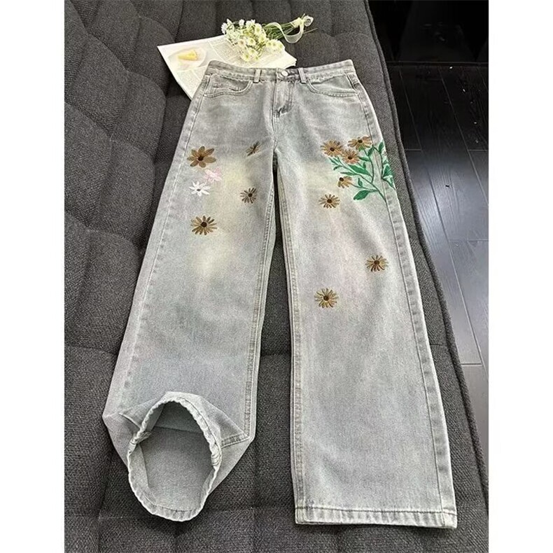 胖胖哥小众重工小雏菊刺绣高街牛仔裤男款秋季美式宽松大码阔腿裤,男装牛仔裤,星座516A