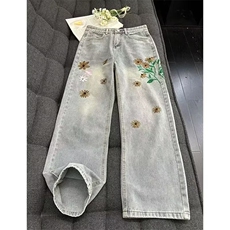 胖胖哥小众重工小雏菊刺绣高街牛仔裤男款秋季美式宽松大码阔腿裤，男装牛仔裤，星座516A