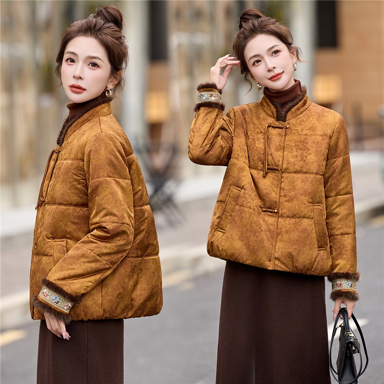 新中式绵羊毛棉服女2025年冬季新款时尚刺绣真水貂毛棉袄加厚外套,女装棉衣/棉服,蓝朵琳
