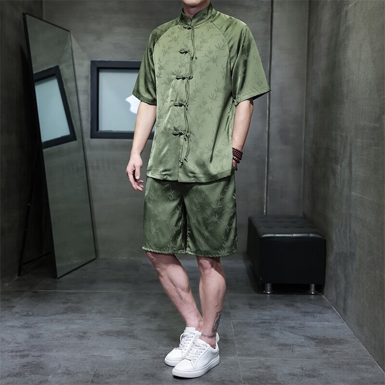 夏季新中式风竹叶提花插肩袖手工盘扣短袖宽松中裤短裤两件套装图片