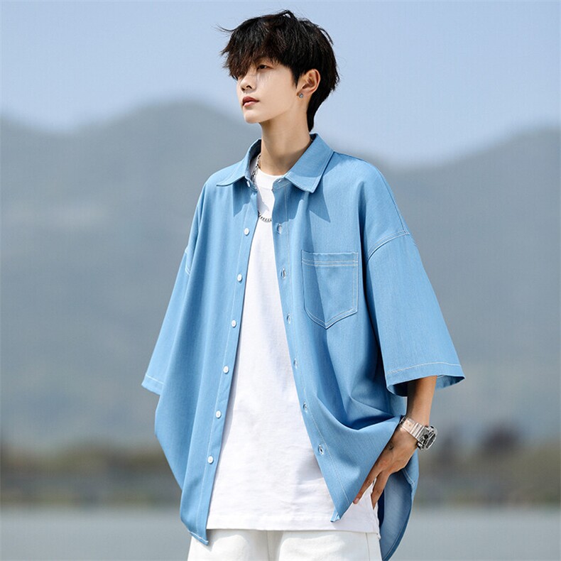 8XL-M 冰丝牛仔短袖衬衫男款夏季薄款宽松慵懒衬衣外套DC28006P60图片