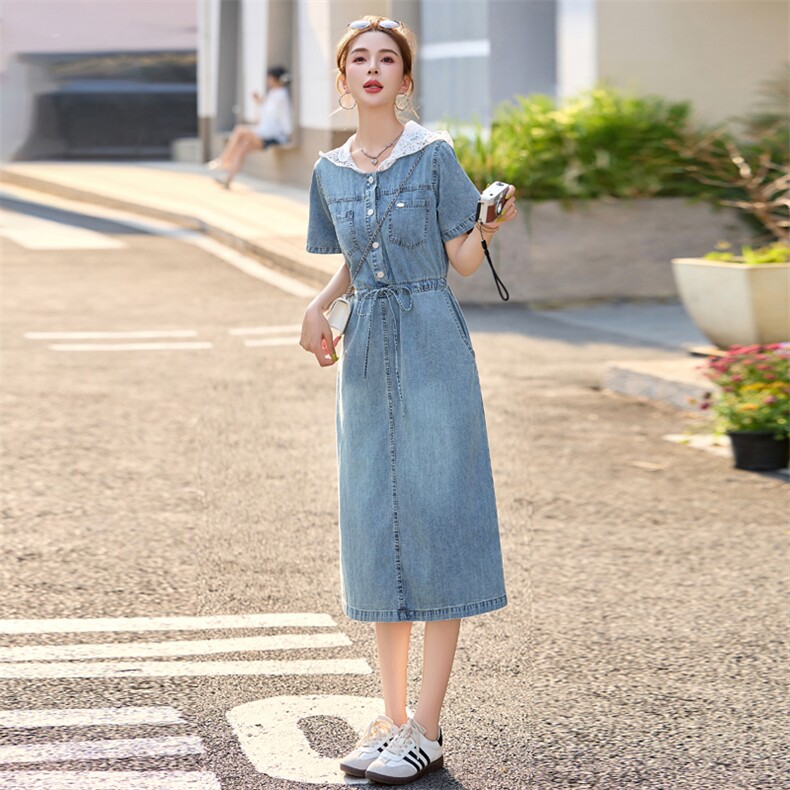 法式复古蕾丝牛仔连衣裙女夏季2025新款宽松收腰显瘦减龄中长裙子,女装连衣裙,瑶迪依秀