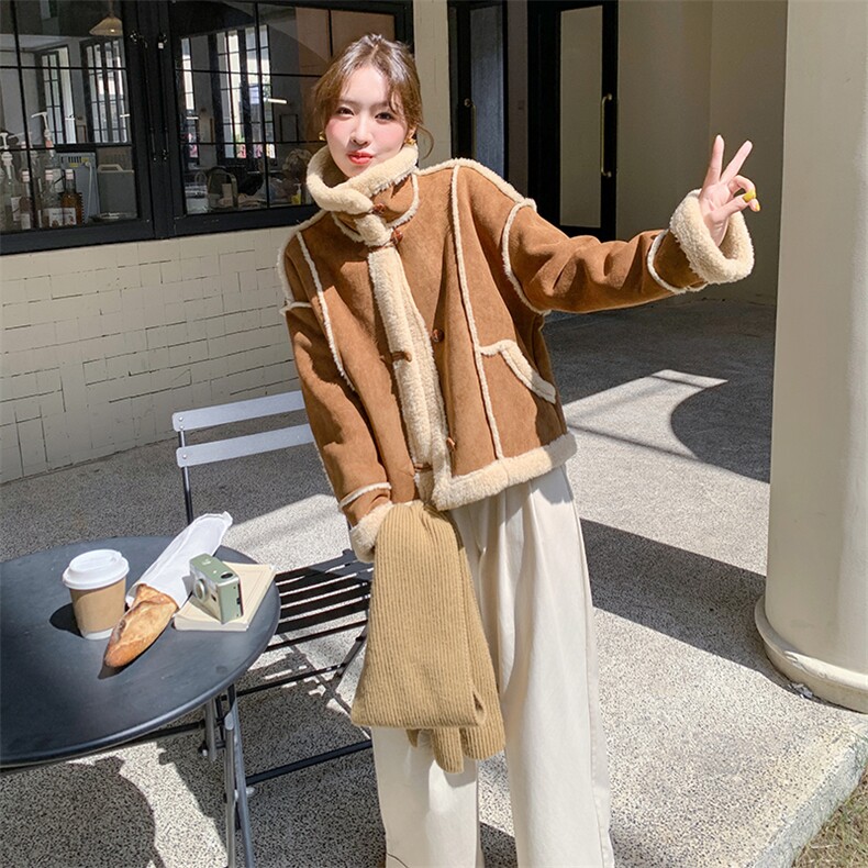 现货咖色皮毛一体羊羔毛外套5803-P185-K268,女装派克服,2C159