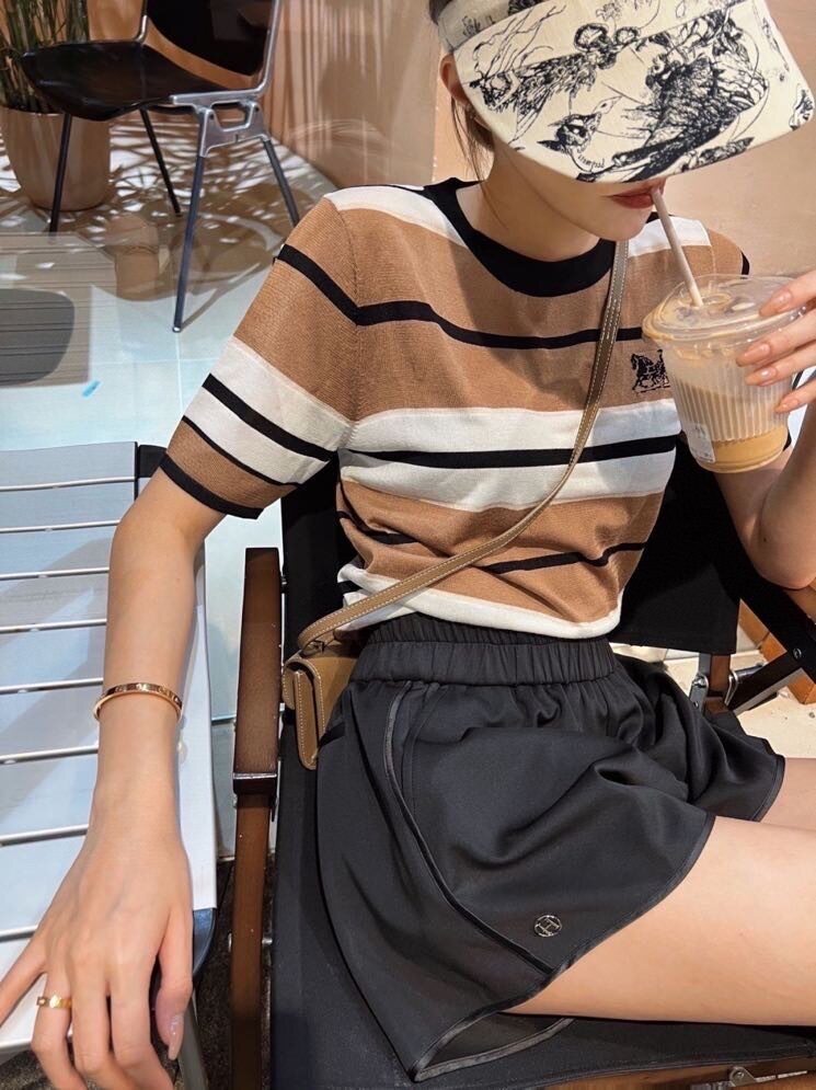 女装短袖T恤女圆领针织衫马车提花刺绣条纹,针织衫/毛衣,沐策羊绒