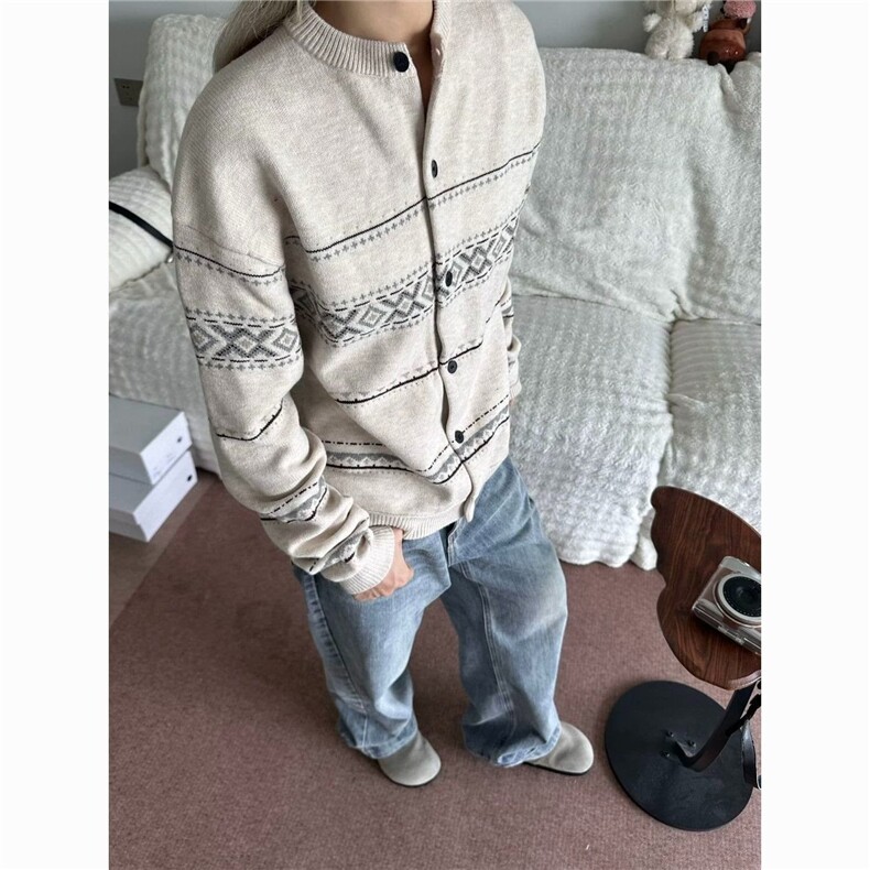 M26-P60复古慵懒风费尔岛提花毛衣外套男女秋冬宽松休闲情侣,男装针织衫/毛衣,电商B323A