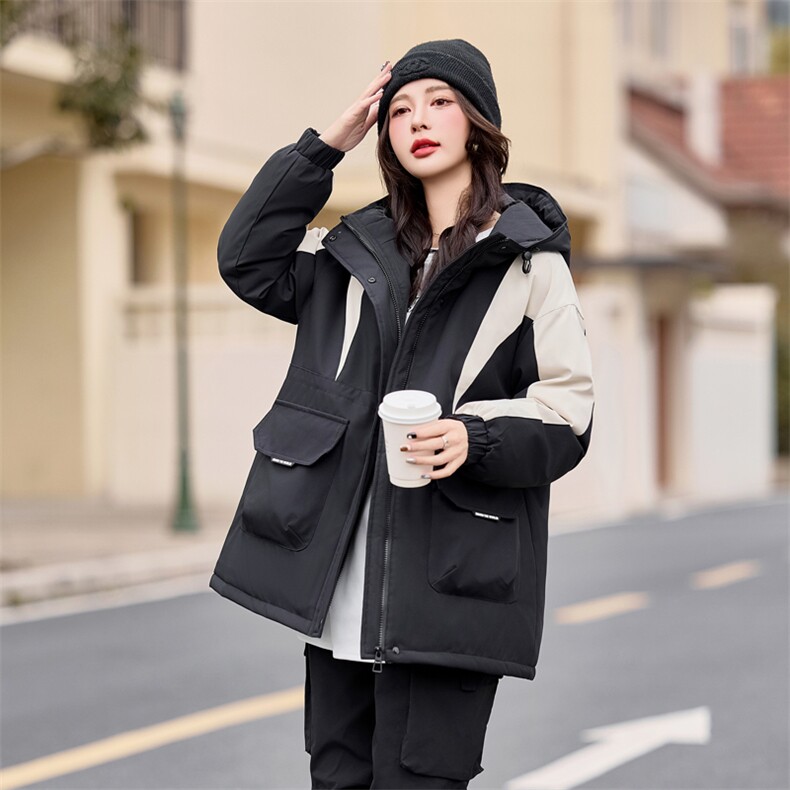 撞色拼接工装派克羽绒服女2024冬新款时尚休闲保暖加厚白鸭绒外套,女装羽绒服,采品优优