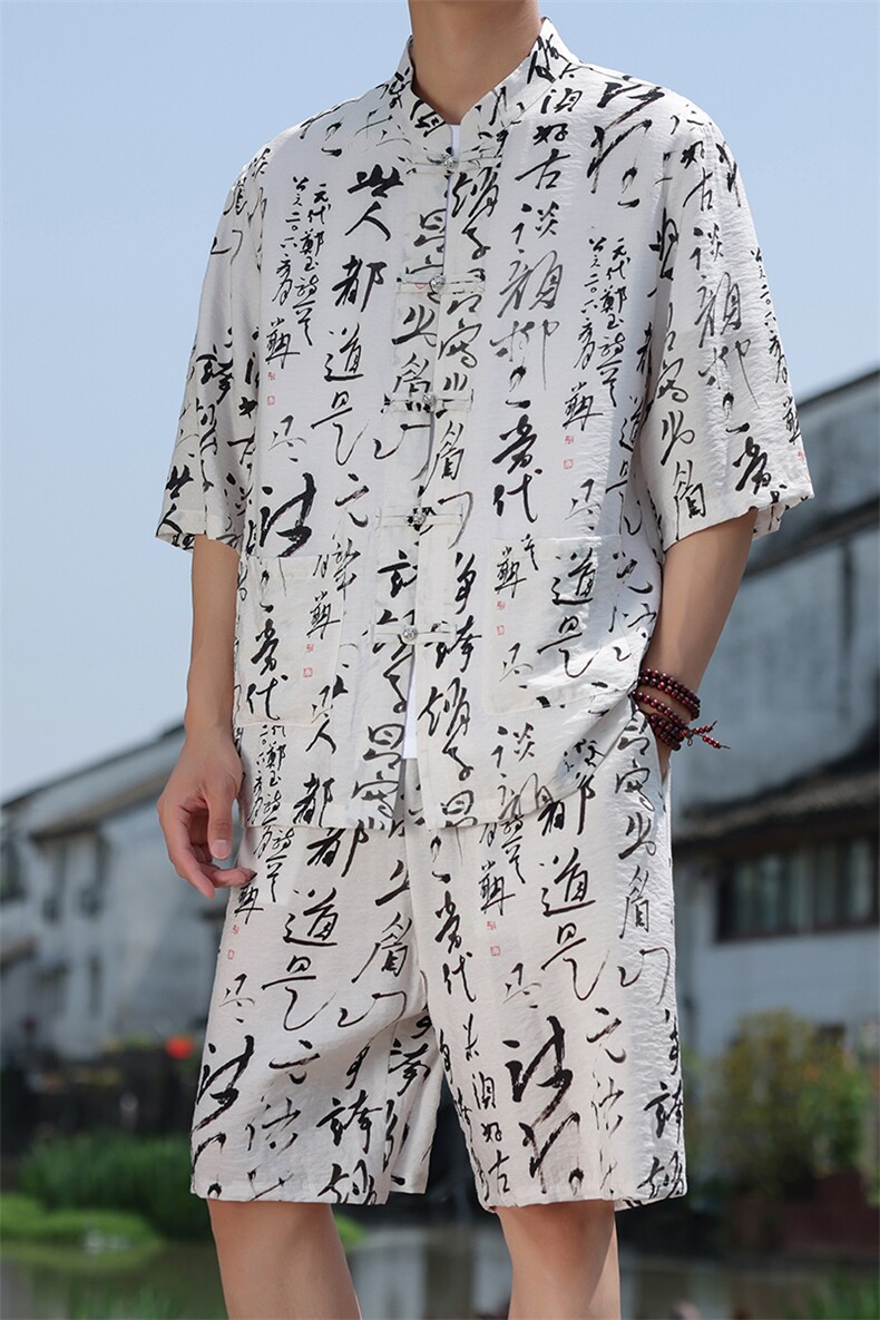 2025夏季新款男装风冰丝印花盘扣唐装套装短袖+短裤A108-P80,男装牛仔裤,电商B277(原6028)