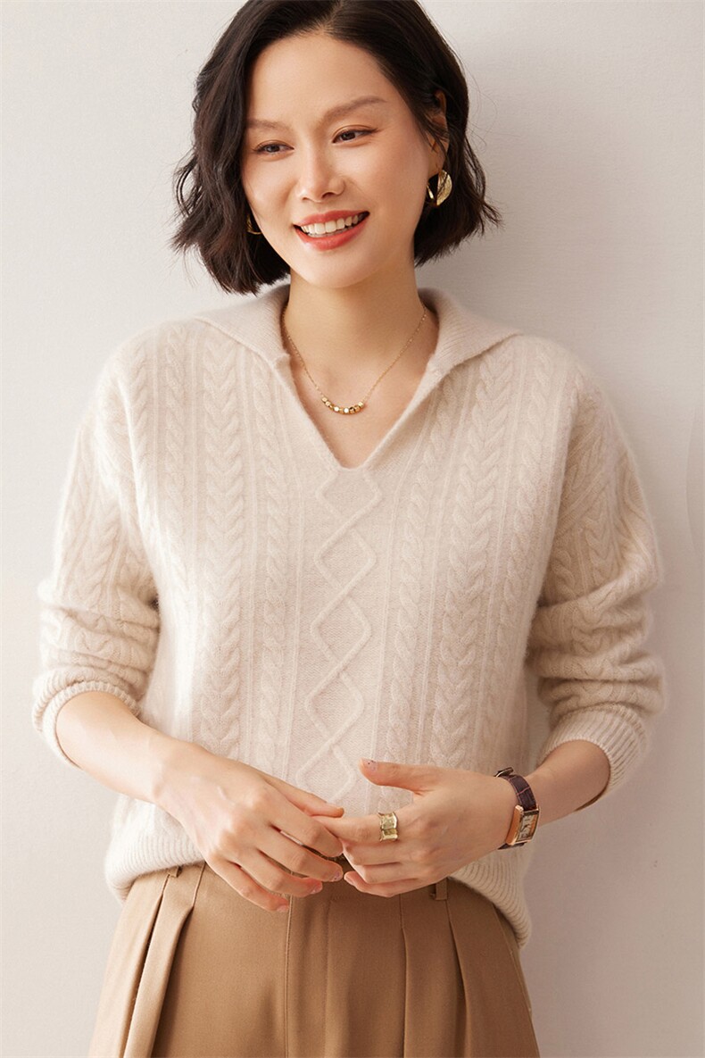 2025秋冬新款35%山羊绒女士5针三股半开领羊绒衫,女装羊绒衫,拓驰羊绒