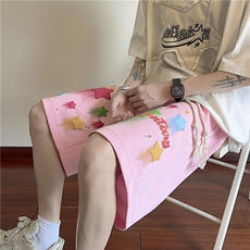 抖音品质夏季新款发泡星星印花宽松短裤B315-K24114-特p30控58，男装牛仔裤，电商B315