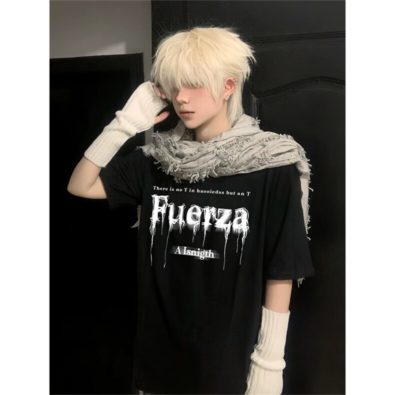 抖音得物供货210克现货宽松纯棉美式潮牌印花落肩袖纯棉T恤AT2161，男装T恤，电商A443