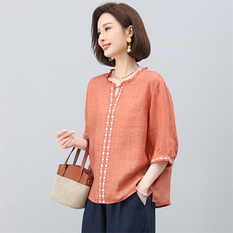 苎麻衬衫女2025夏季新款宽松显瘦洋气减龄时尚妈妈装爆款短袖上衣,女装衬衫,独衣靓