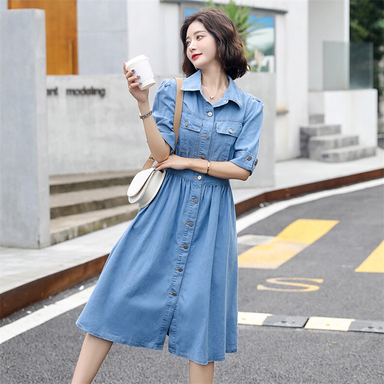 2022新款夏韩版牛仔连衣长裙短袖修身显瘦大,女装连衣裙,瑶迪依秀