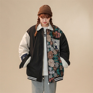 1中性风刺绣拼接翻领羊羔毛棉衣女棉服女外套女8723P110控148图片