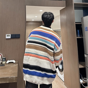 条纹复古毛衣男潮牌秋冬宽松慵懒风高级感冬季针织衫YM7328图片