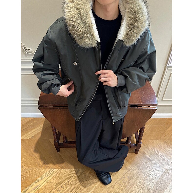 现货重磅boxy短款棉衣座山雕大毛毛领男女棉服水洗工装厚外套,男装棉衣,电商A443