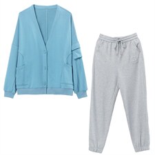 2021春季新款时尚V领休闲宽松舒适卫衣两件套，女装套装/套裙，玛其路