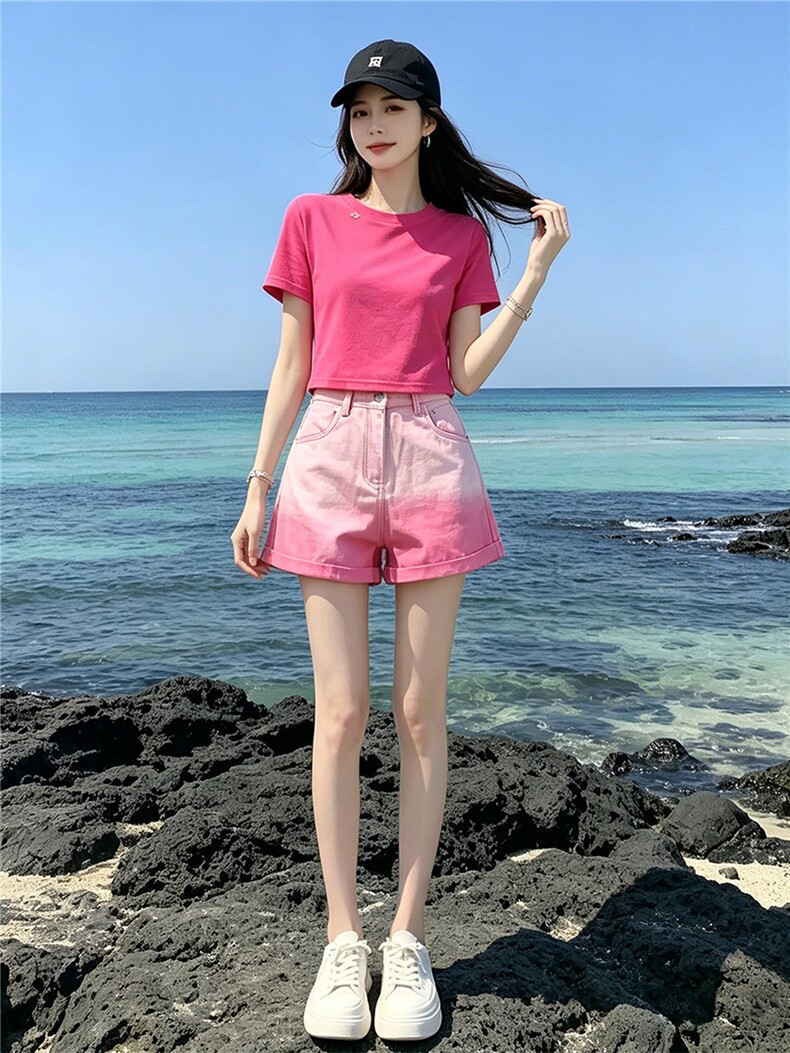 欧韩时尚潮流套装女夏新款玫红色圆领短袖上衣粉色牛仔短裤两件套,女装套装/套裙,江南