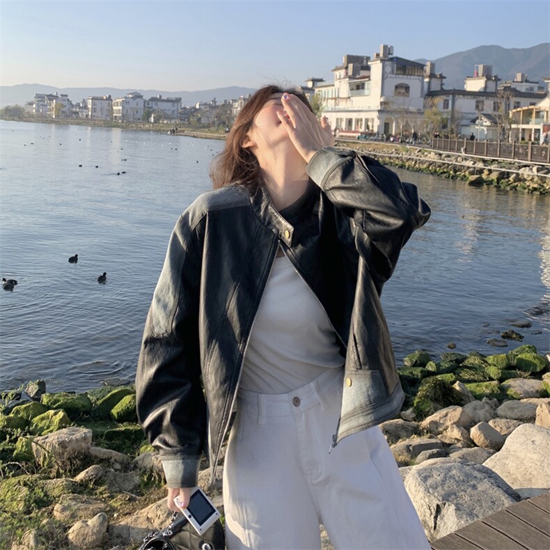 2025瑞2C278-秋新款皮衣撞色短外套P188-K268,女装短外套,2C278