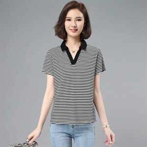 刺绣polo衫短袖t恤女士夏季2026年新款大码宽松翻领条纹半袖上衣图片
