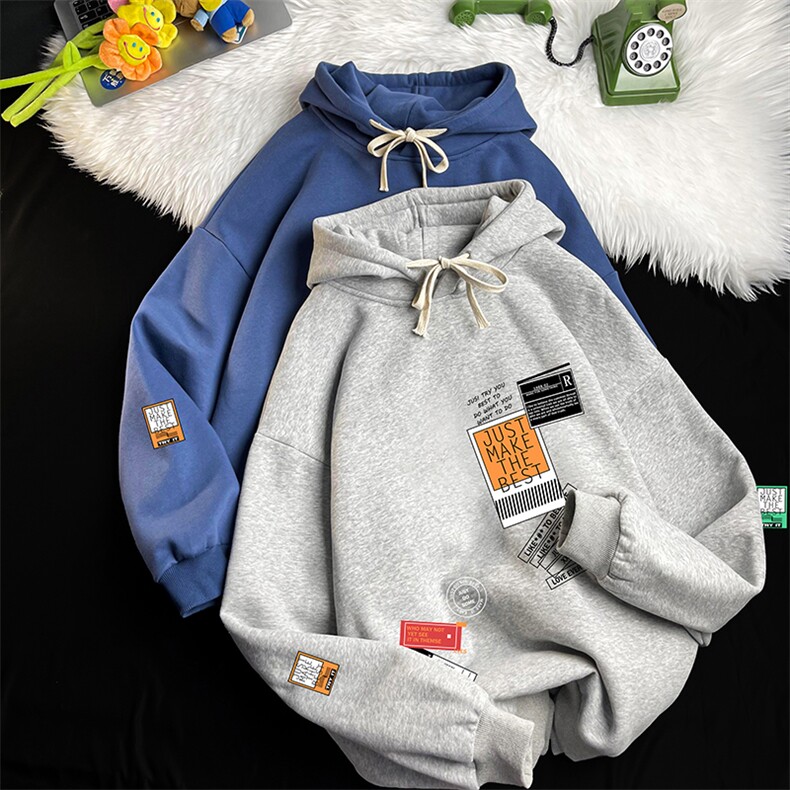 WY2121-P35加绒款-P40纯棉连帽卫衣男大码运动帽衫宽松薄,男装卫衣,电商A040