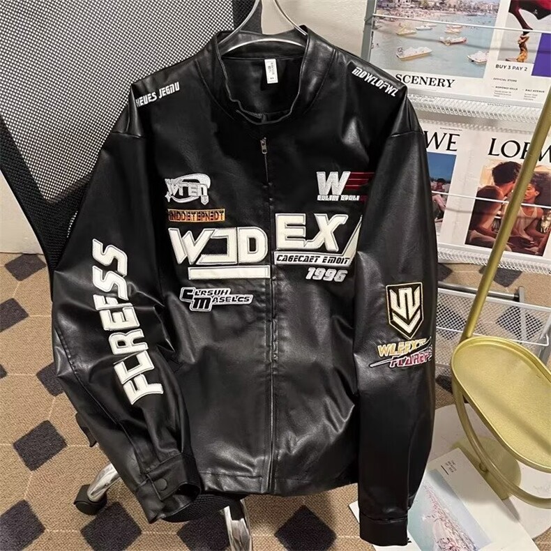 美式赛车服皮衣夹克男女春秋新款潮牌宽松情侣帅气机车服外套,男装皮衣,星座601-1