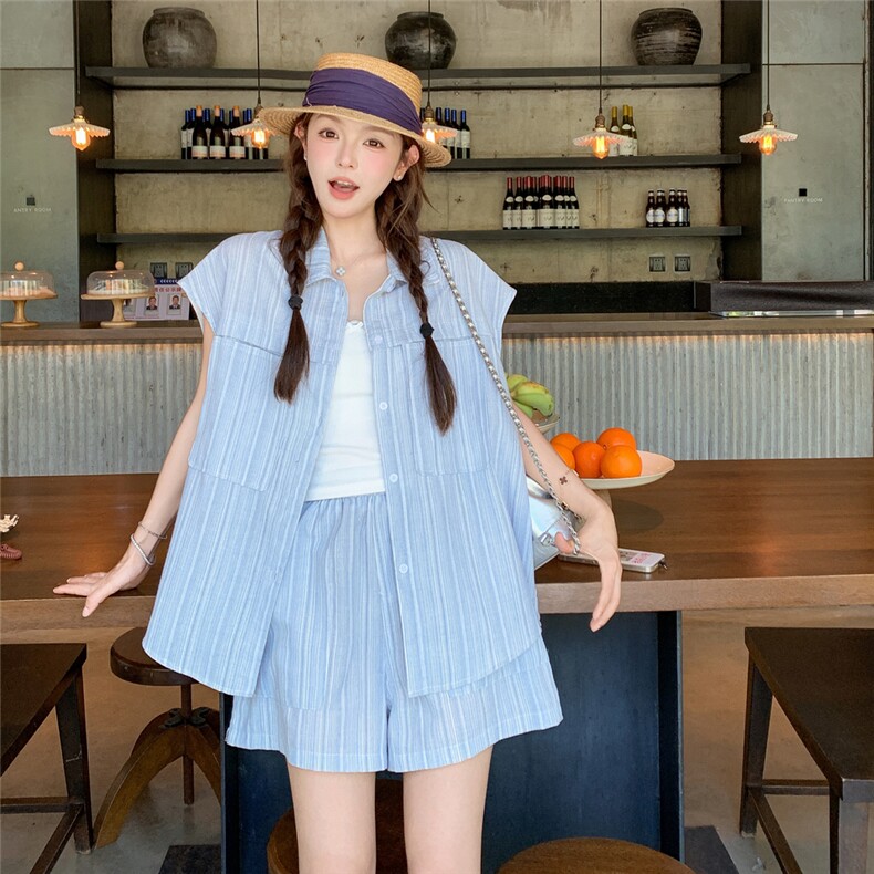 活泼减龄条纹短袖衬衫套装女2025年夏季新款小个子休闲短裤两件套图片