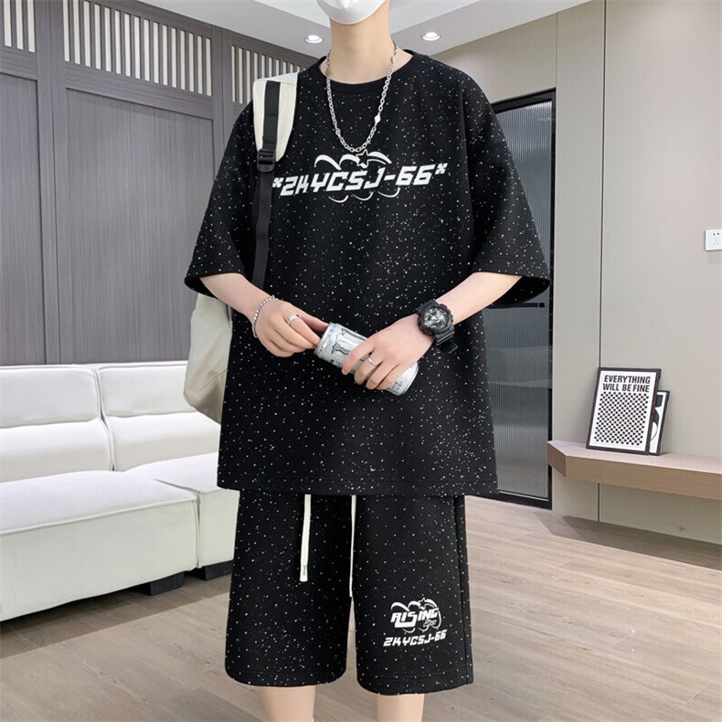 港风套装男宽松菠萝格满天星圆领短袖T恤短裤痞帅套装TZ6628-P50,男装牛仔裤,星座310B-3