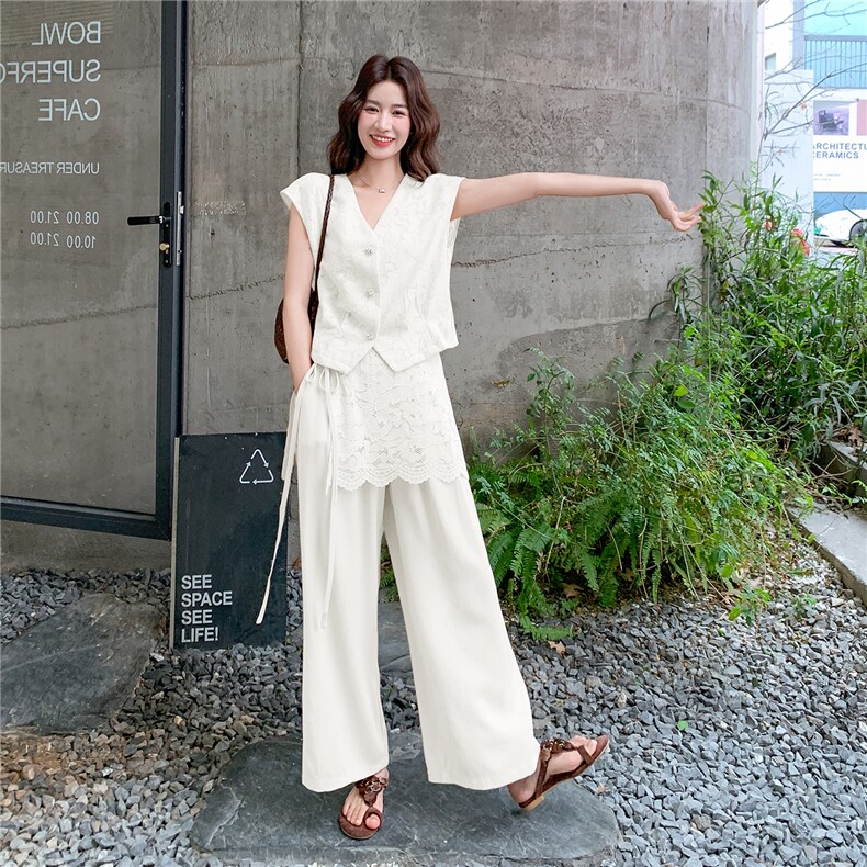 轻熟风气质套装女2026夏季薄款蕾丝上衣可拆屁帘显瘦阔腿裤两件套,女装套装/套裙,流量+