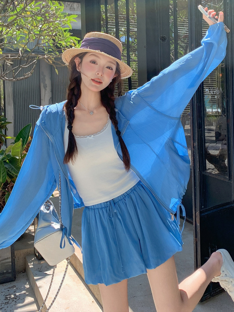率性轻薄防晒套装裙女夏季2025新款时髦感连帽上衣半身短裙两件套,女装套装/套裙,千寻