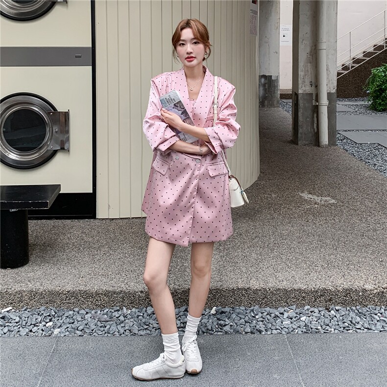 温柔系穿搭粉色波点西装套装女秋季2025新款显瘦背心半身裙三件套,女装套装/套裙,2C123