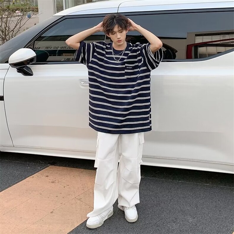 条纹短袖男夏季新款日系圆领情侣中性风上衣潮1001-1-TX66-P35,男装T恤,星座1001-1
