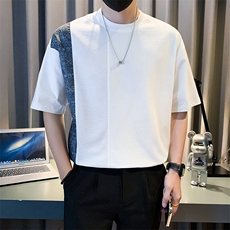 夏季短袖T恤男2025新款潮牌拼接圆领落肩袖体恤A313-8107-P55，男装T恤，电商A313