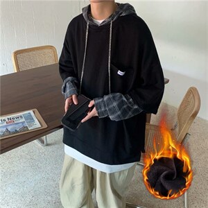 卫衣男秋冬港风加绒宽松套头连帽假两件休闲外套w126-p38加绒45，女装短外套，星座1008-2