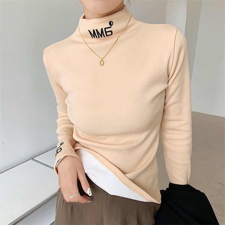 欧货加绒加厚半高领打底衫女2022秋冬t恤刺绣修身上衣潮,针织衫/毛衣,潮品会