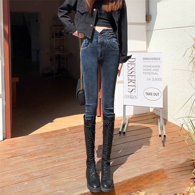 超高腰烟灰色弹力收腹紧身小脚牛仔裤女提臀显瘦修身黑色铅笔裤,男装牛仔裤,星座1210-1