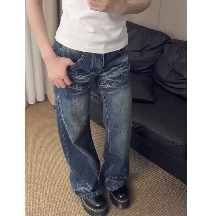【008】复古牛仔裤百搭宽松高腰阔腿拖地长裤A079-N8969-P47,男装牛仔裤,电商A079