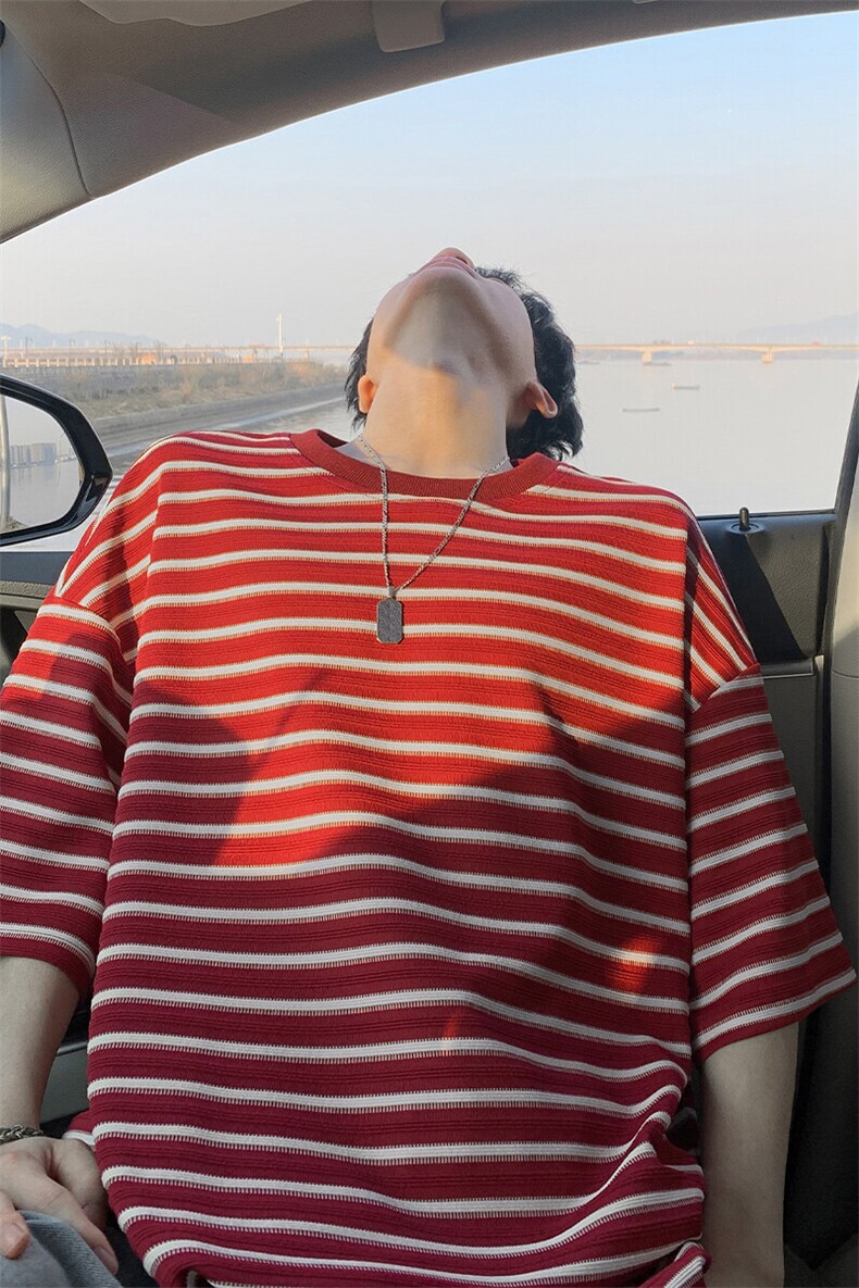 特批P30无差价夏季休闲条纹宽松圆领五分短袖T恤男百搭上衣T5085,男装T恤,电商A001-1
